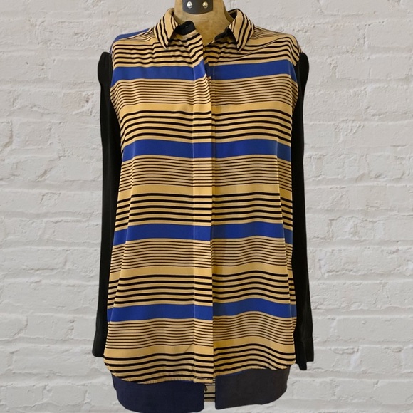 Sea NY Blue, Tan, Black Striped Silk Button Up Long Sleeve Top Shirt Blouse - Picture 1 of 10